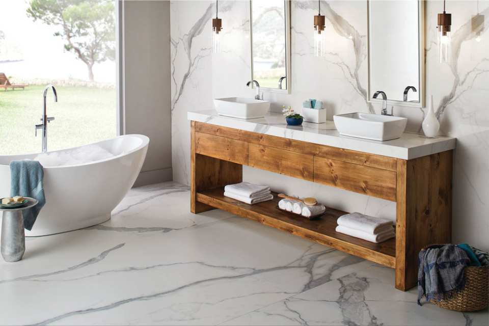 porcelain marble look tile in bathroom with deep soak tub